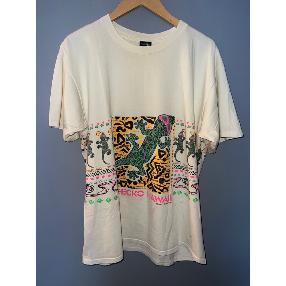 Vintage Gecko Hawaii Graphic T-Shirt Cream Neon 80s 90s Surf Made in USA